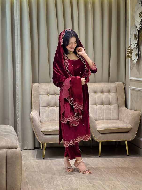 Beautifull Heavy Viscose Velvet With Rhinestones Work Top Pent