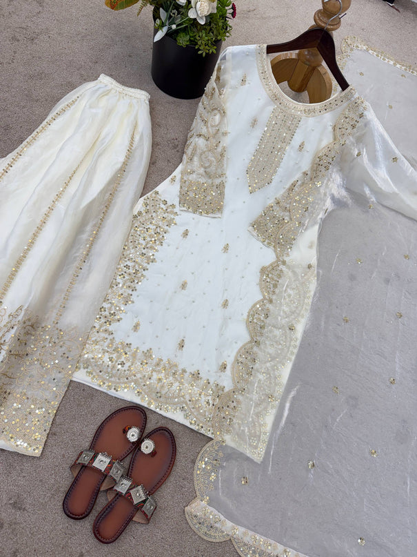 Beautiful Fendy Silk Suit With Embroidery Coding And Sequence Work