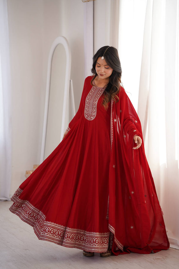 Beautifull Red Color Vichitra Silk With Fancy Churidar Sleeves Anarkali