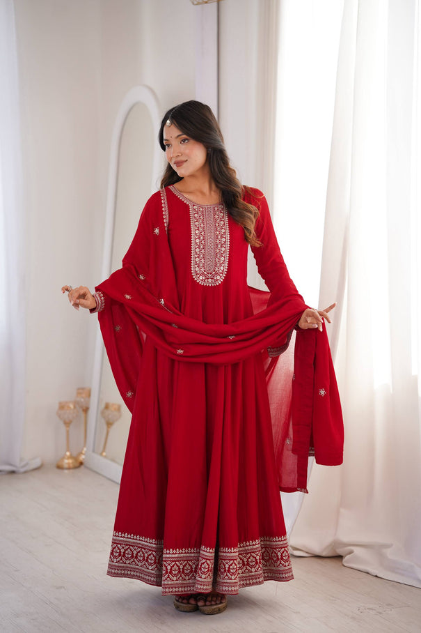 Beautifull Red Color Vichitra Silk With Fancy Churidar Sleeves Anarkali