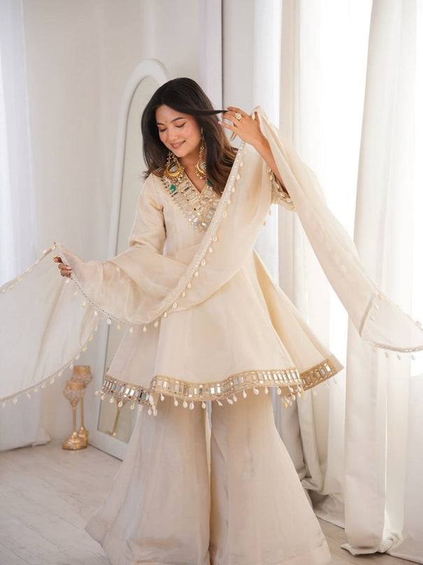 Beautifull Soft Chinon Long Kali Design Work Top Plazzo