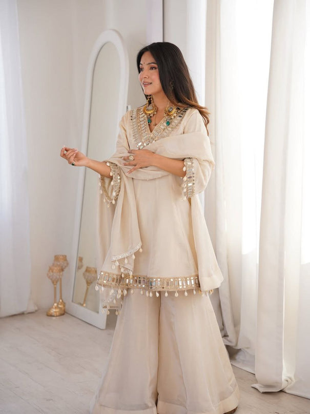 Beautifull Soft Chinon Long Kali Design Work Top Plazzo