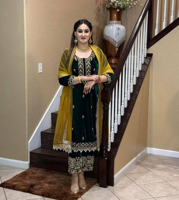 Green Color Velvet Fabric With Embroidery Work Top Plazzo