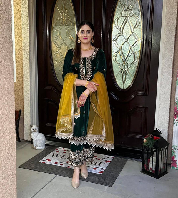 Green Color Velvet Fabric With Embroidery Work Top Plazzo