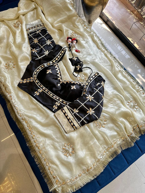 Designer pure Chinon Saree With Sobber Kachi Gota Work saree