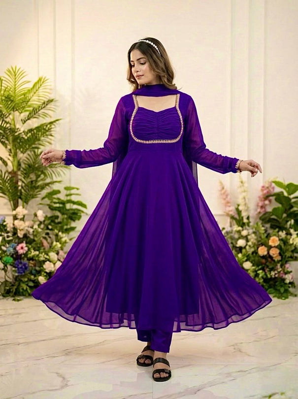 Beautiful Fox Georgette Anarkali Suit With Sequence Embroidery And Moti Lace Work