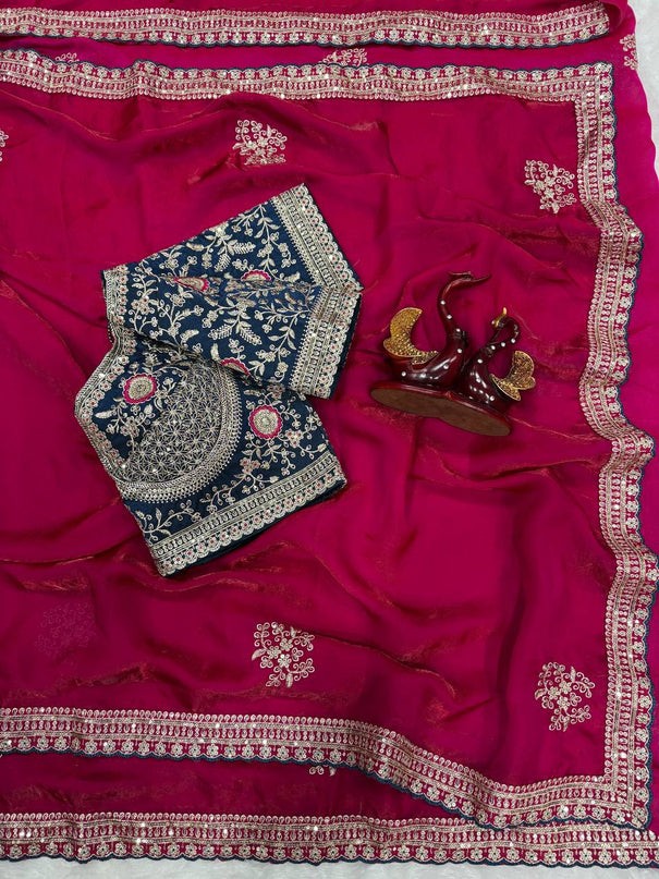 Designer Soft Satin With Sequence Zari Embroidery work saree