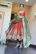 Orange Color Havy Embroidery Siqvas Work Gown Set