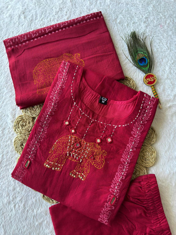 Beautifull Maroon Color Cotton Fabric With Hand Work Top Pent