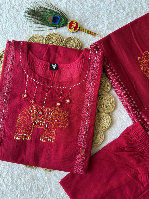 Beautifull Maroon Color Cotton Fabric With Hand Work Top Pent