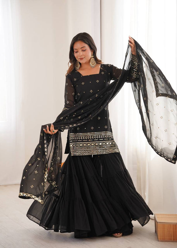 Black Color Heavy Georgette Embroider Work Top Sharara