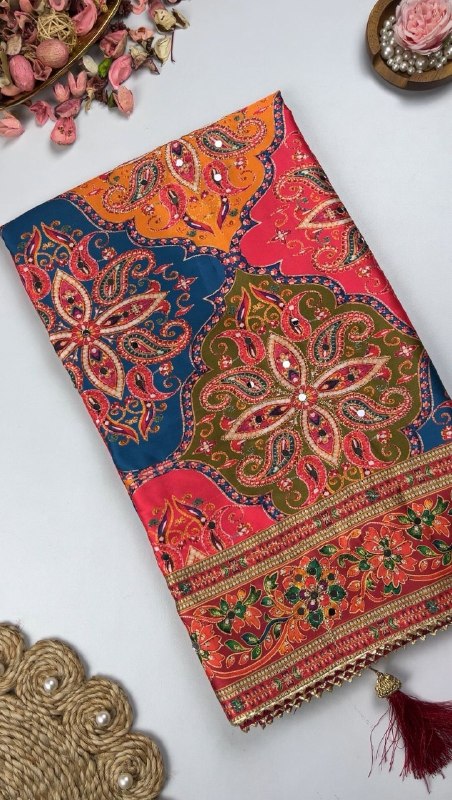 Beautiful Japan Satin Saree With Digital Print Aari & Mirror Work