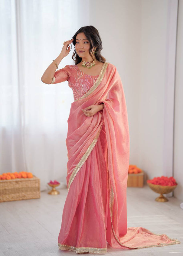 Beautiful Fendy Silk Saree With Fancy Lace And Sequin Embroidery Work