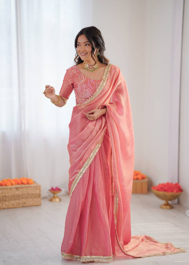 Beautiful Fendy Silk Saree With Fancy Lace And Sequin Embroidery Work
