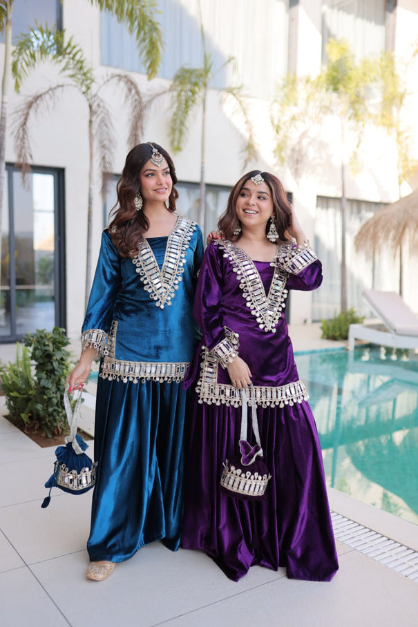 Very Soft Ice Velvet With Zari Embroidery Work Top Plazzo