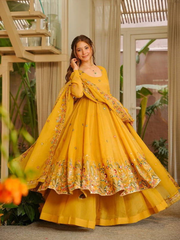 Yellow Color Crunchy Silk With Thread & Sequience Work Anarkali