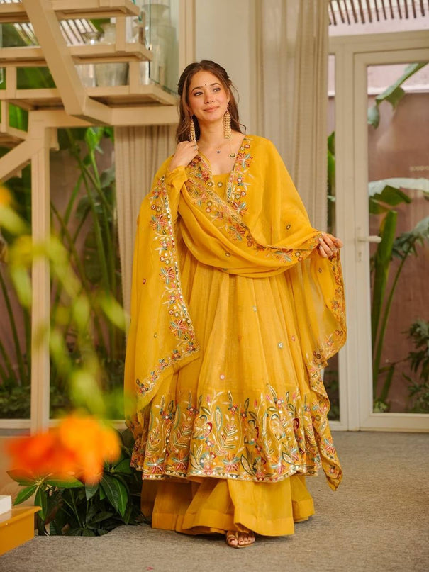 Yellow Color Crunchy Silk With Thread & Sequience Work Anarkali