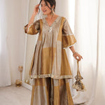 Beautiful Two-Tone Tissue Suit With Coding Embroidery & Mirror Lace Work