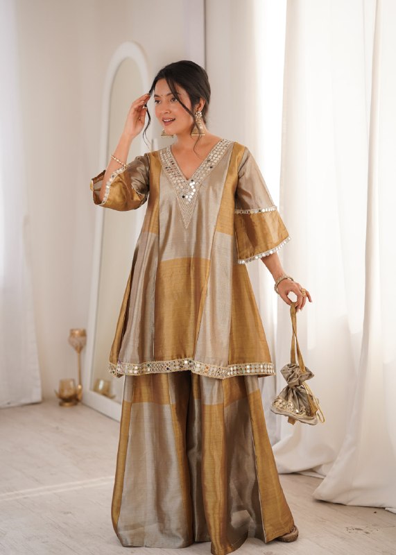 Beautiful Two-Tone Tissue Suit With Coding Embroidery & Mirror Lace Work