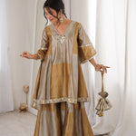 Beautiful Two-Tone Tissue Suit With Coding Embroidery & Mirror Lace Work