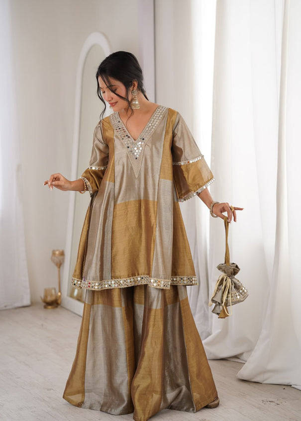 Beautiful Two-Tone Tissue Suit With Coding Embroidery & Mirror Lace Work