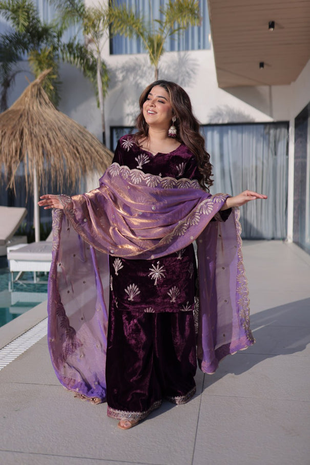 Beutifull Purple Color Ice Velvet With Zari Embroidery Work Top Plazzo