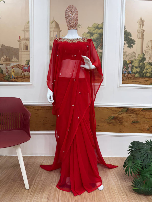 Beautifull Faux Georgette Embroidery With Real Mirror Work Saree