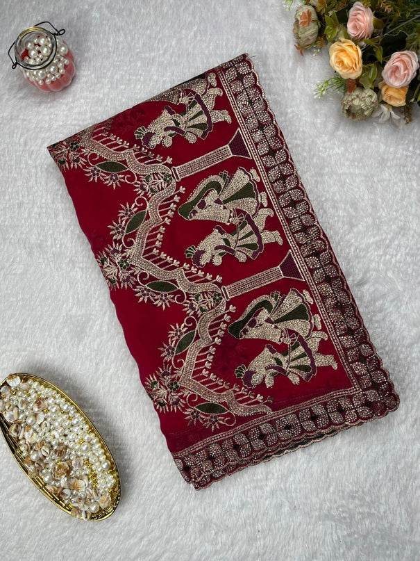 Beautiful Fendy Satin Saree With Elegant Multi Embroidery & Siroski Hand Work