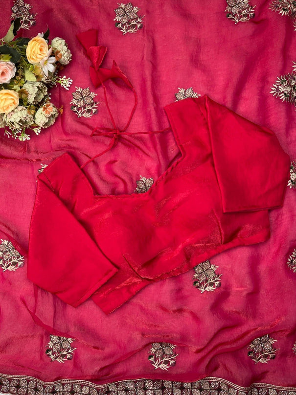 Beautiful Fendy Satin Saree With Elegant Multi Embroidery & Siroski Hand Work