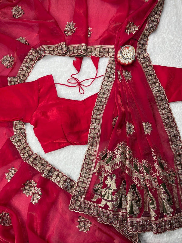 Beautiful Fendy Satin Saree With Elegant Multi Embroidery & Siroski Hand Work