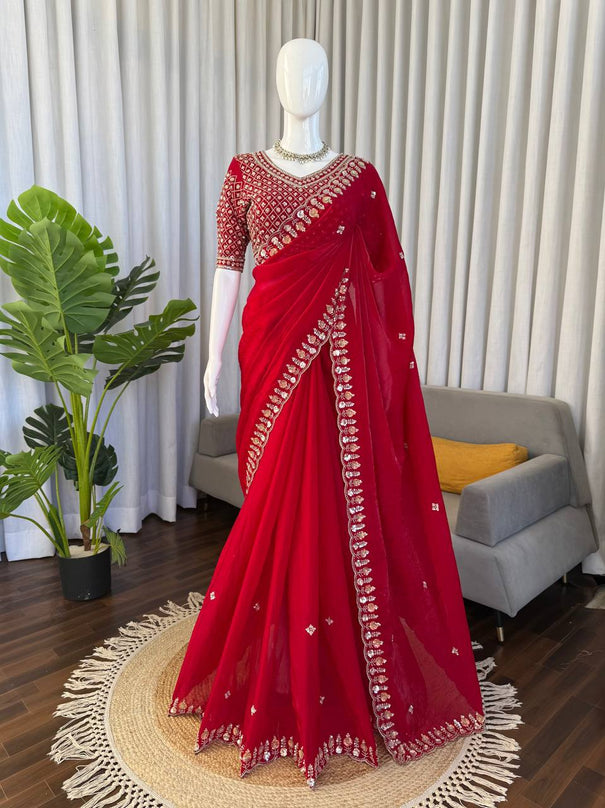 Beautifull Fendy Silk With Thread & Sequience Work Saree