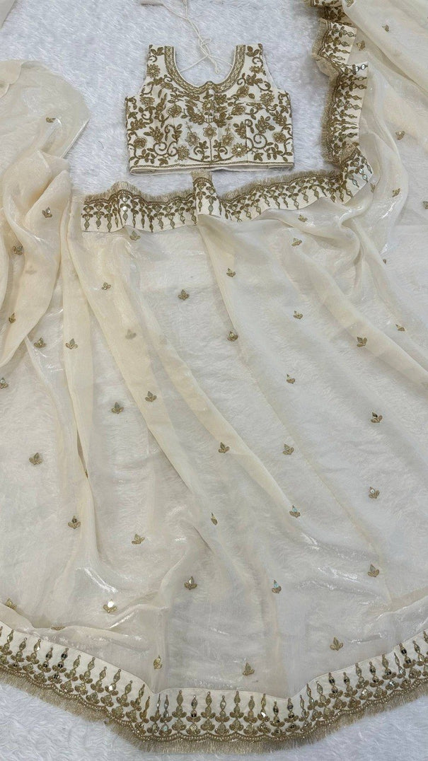 Beautiful White Color Glass Satin With Sequience Work Saree
