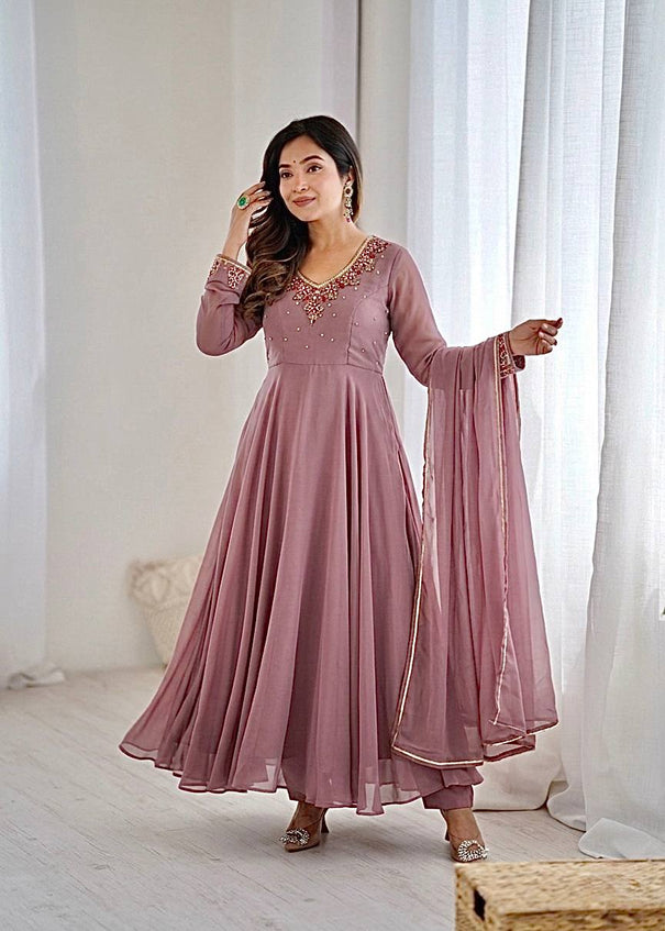 Beautiful Elegant Heavy Fox Georgette With Handwork Neck Anarkali Gown Set