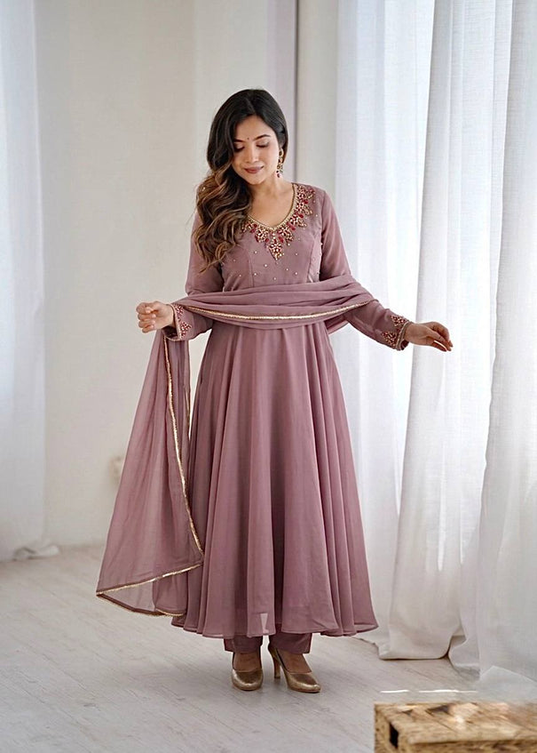 Beautiful Elegant Heavy Fox Georgette With Handwork Neck Anarkali Gown Set