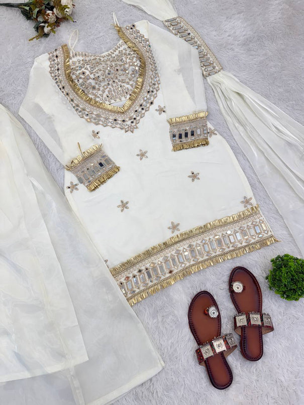 Beautifull Fendy Silk With Real Mirror Work Top Plazzo