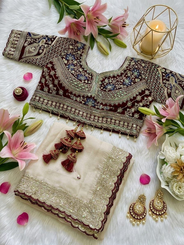 Beautifull Elegent Rich Look Embroidery Sequience Work Saree