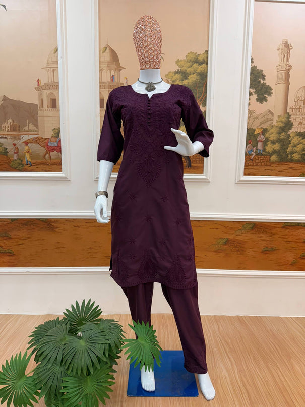 Wine Color Pure Cotton With Embroidery Work Top Pent