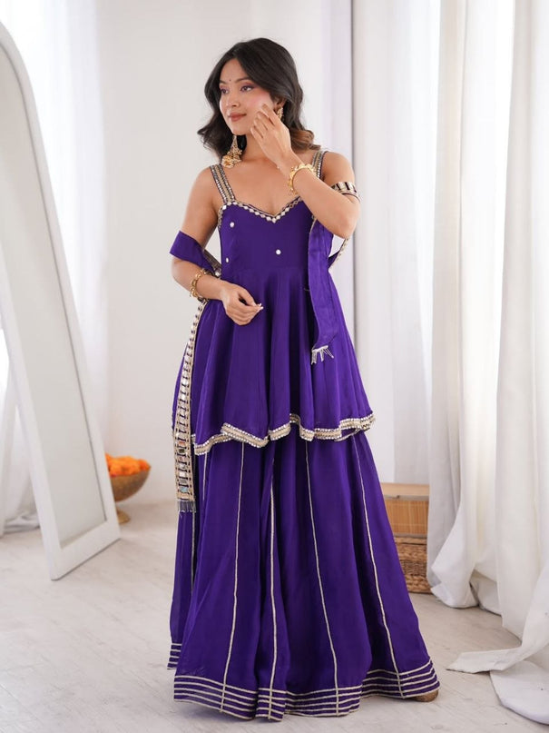 Beautifull Purple Color Soft Chinon With Hand Mirror Work Top Plazzo