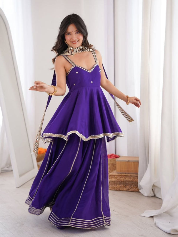 Beautifull Purple Color Soft Chinon With Hand Mirror Work Top Plazzo
