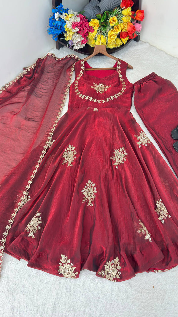 Beautiful Look Fendi Satin Gown With Sequence Embroidery Zari Work Plazzo