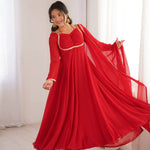 Red Color Fox Blooming Georgette Yoke Dori Work Gown