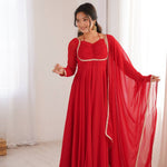 Red Color Fox Blooming Georgette Yoke Dori Work Gown