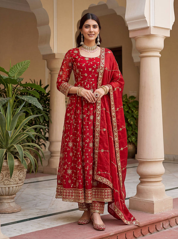 Beautiful Elegant Rich Look Embroidery Sequence Zari Work Fandy Silk Gown Set