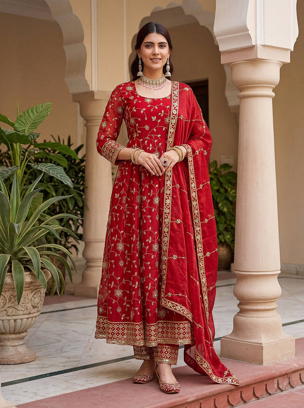 Beautiful Elegant Rich Look Embroidery Sequence Zari Work Fandy Silk Gown Set