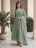 Beautiful Elegant Rich Look Embroidery Sequence Zari Work Fandy Silk Gown Set