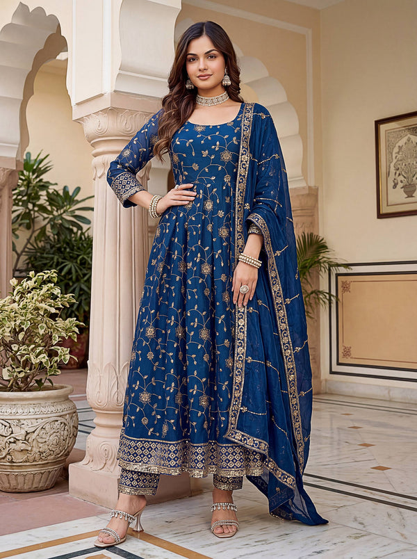Beautiful Elegant Rich Look Embroidery Sequence Zari Work Fandy Silk Gown Set