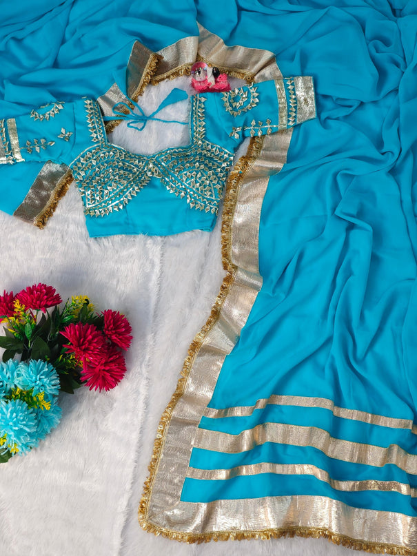 Sky Color Soft Georgette Gotta Patta Work Saree