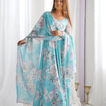 Beauifull Sky Blue Color Fox Georgette Flower Work Gown