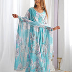 Beauifull Sky Blue Color Fox Georgette Flower Work Gown