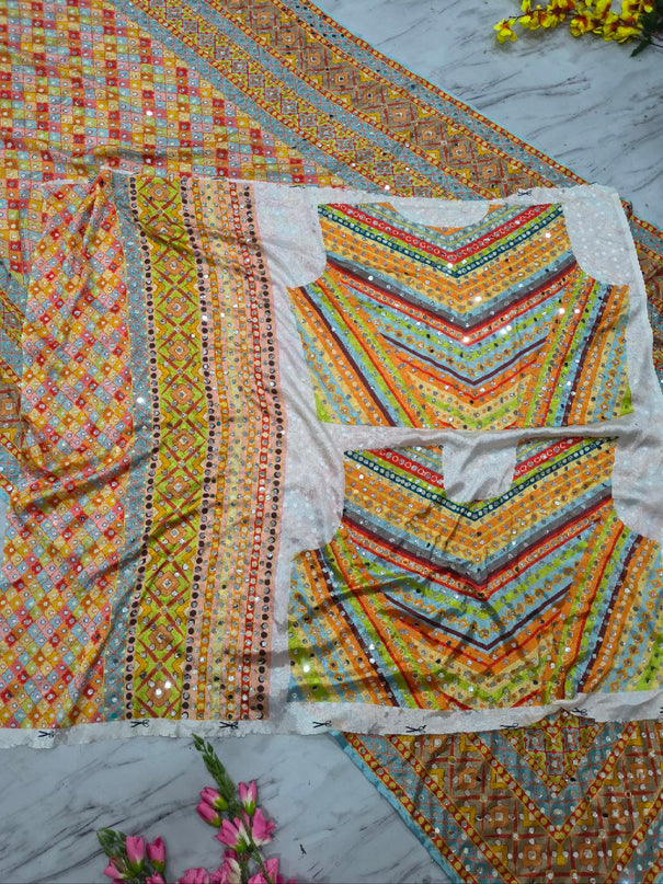 Beautiful Chinon Silk  With Print And Real Mirror Work saree